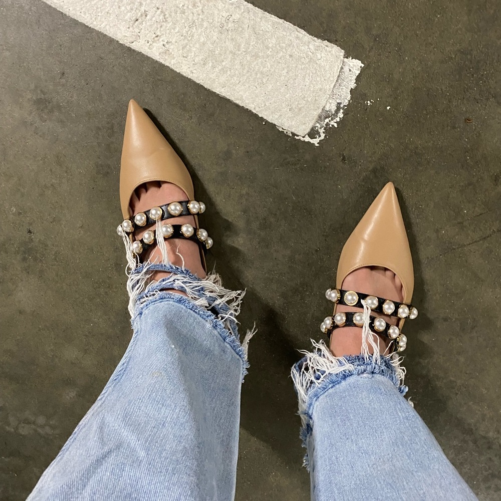 Zara Tan Pearl Pointy Flat Mule Slides